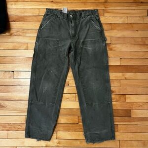 Vtg Carhartt Thrashed Double Knee Duck Dungaree Pants Green B136 MOS 35x32 Fit